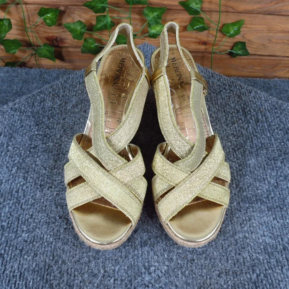 Merona Sying Women Espadrille Wedge Sandals Size 8 Summer Party Gold Metallic